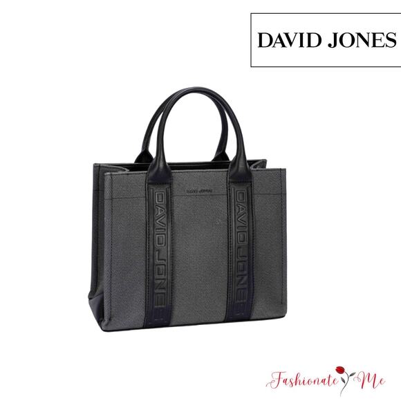 David Jones Contrast Leather Handles Zipper Closure Canvas Tote Handbag | Black - Picture 1 of 6